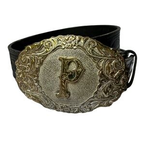 Vintage Black Leather CRUMRINE Western Buckle Men's Belt P logo 34